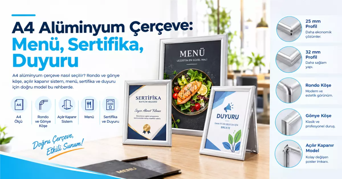 A4 Alüminyum Çerçeve: Menü, Sertifika ve Duyuru İçin Seçim